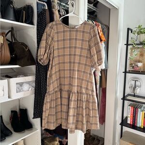 Beige Plaid Tiered Short Sleeve Dress